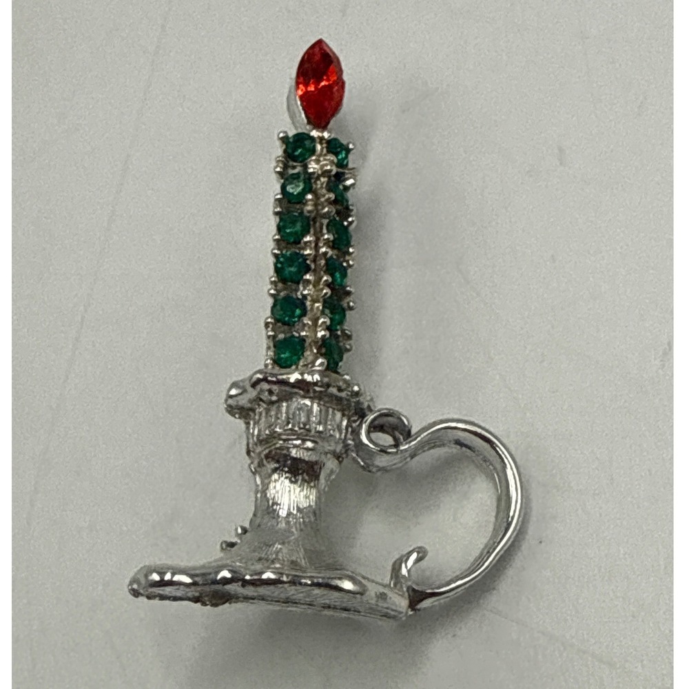 Vintage‎ Christmas Candle Brooch Red Green Rhinestone Silver Tone Holiday Pin